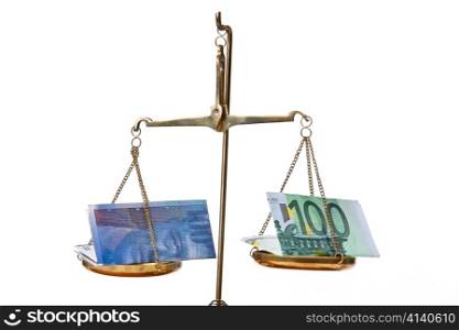 euros and swiss francs on a scale