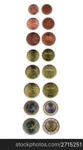 Euros. Full range of Euro banknotes coins currency over white