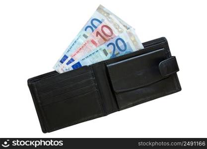 euros in leather wallet isolated on white background