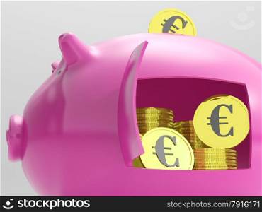 Euros In Piggy Showing Currency And Investment In Europe