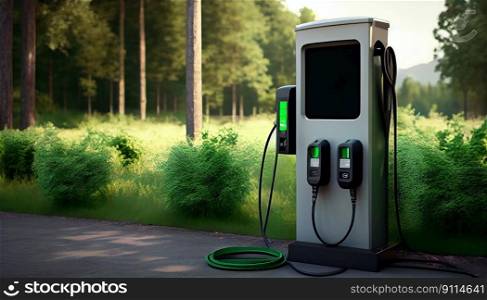 EV Car or Electric vehicle at charging station with the power cable pump supply plugged, car fueling station connected power, alternative sustainable eco energy, Generative AI