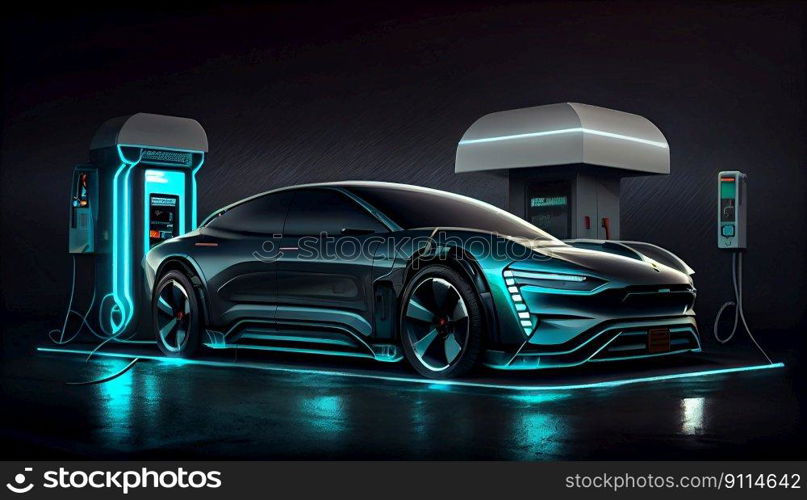 EV Car or Electric vehicle at charging station with the power cable pump supply plugged, car fueling station connected power, alternative sustainable eco energy, Generative AI