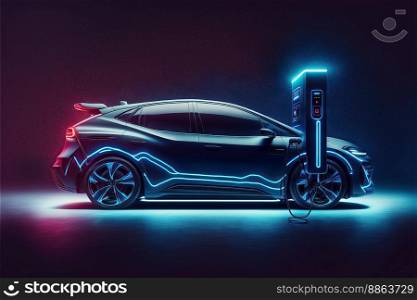 EV car with Electric charging station charger background. Technology and transportation concept. Ai Generative