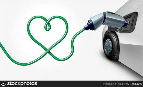 EV love or electric vehicle battery technology or charging station concept as a symbol with an electric wire shaped as a heart for car and auto electrification of transport as a 3D illustration.