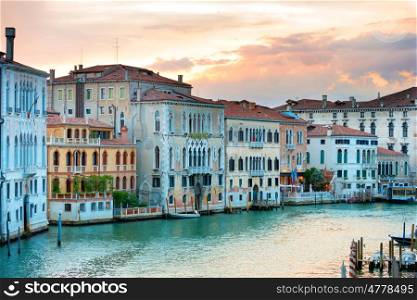 Evening at Grand Canal in Venice, Italy. Sunset in famous city