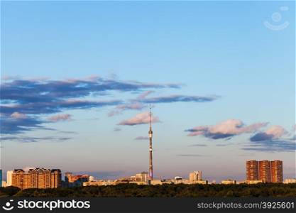 evening blue sky over city with tv tower, Moscow