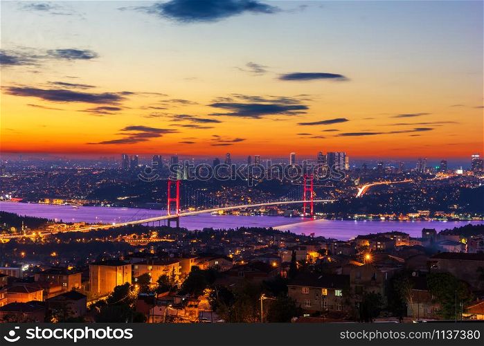 Evening Bosphorus Bridge, view from the Camlica Hill, Istanbul, Turkey.