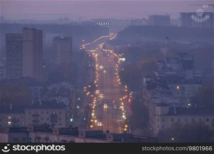Evening city of Minsk from above. Belarus.