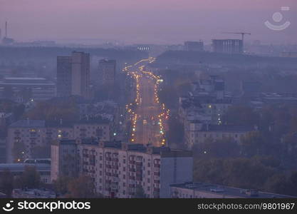 Evening city of Minsk from above. Belarus.