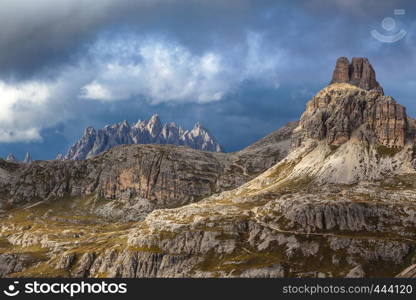 evening Dolomites mountains view at the cloudy day