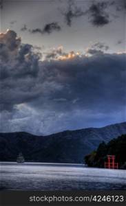 Evening in Hakone, ashi lake, Japan temple romantic scene