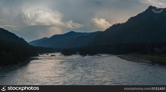 Evening in mountain on river Katun. Evening in mountain on river Katun in Altay, Siberia, Russia.