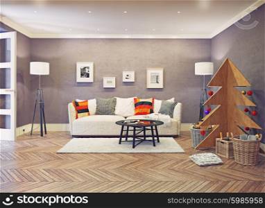 evening interior with plywood Christmas tree. 3d concept