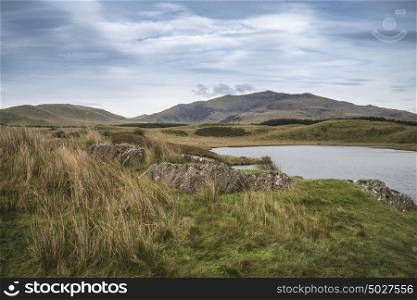 Evening landscape image of Llyn y Dywarchen lake in Snowdonia National Park