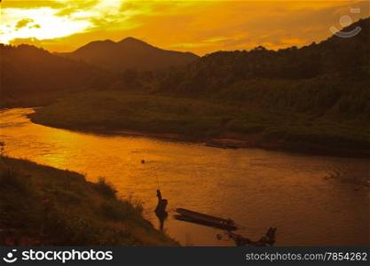 evening landscape mountain with sunset on river