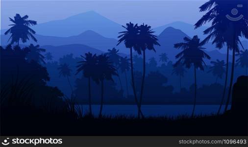 Evening landscape Natural forest mountains horizon and Evening lagoon Landscape wallpaper Illustration vector style Colorful tone background