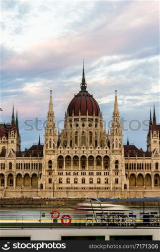 Evening light on the dome of the Hungarian Parliament Building, portrait with copyspace at top.