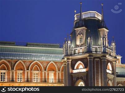 Evening lighting tower of State historical and architectural museum reserve Tsaritsyno, Russia. It was build in 1776.