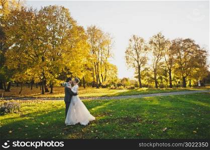 Evening photo of the newlyweds on the background of endless fields.. Sunset photo of a young couple in love 231.