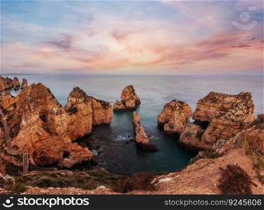 Evening Ponta da Piedade landscape (along coastline of Lagos town, Algarve, Portugal).