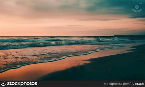 Evening red sea sky against the background of waves and beach sand. Header banner mockup with copy space. AI generated.. Evening red sea sky against the background of waves and beach sand. AI generated.