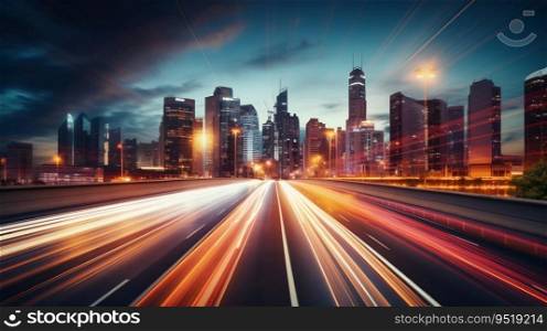 Evening Rush Hour on Urban Highway with City Skyline in the Background. Generative ai. High quality illustration. Evening Rush Hour on Urban Highway with City Skyline in the Background. Generative ai