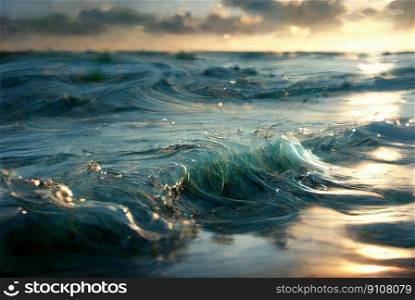 Evening Sea Macro Waves with Soft Focus. Generative AI. Evening Sea Macro Waves with Soft Focus