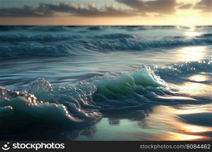 Evening Sea Waves with Soft Focus. Marine Beach Warm Colors Landscape Background. Generative AI. Evening Sea Waves with Soft Focus. Generative AI