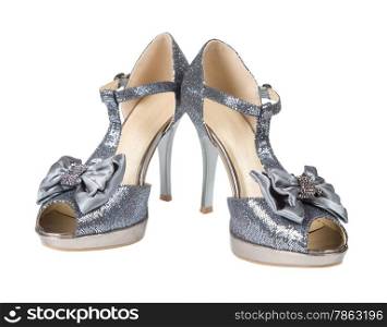 Evening shoes silver high heels. Isolated on white background