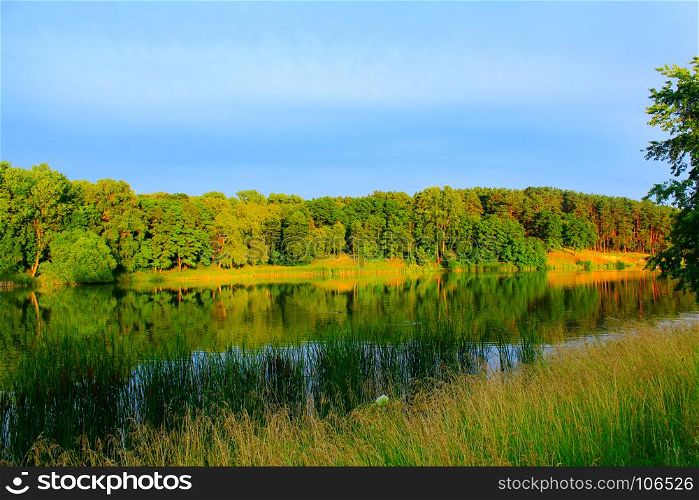 evening summer landscape with river and forest. beautiful evening summer landscape with river and forest