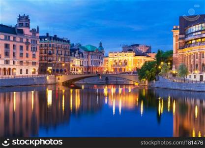 Evening summer scenery of the Old Town (Gamla Stan) architecture in Stockholm, Sweden