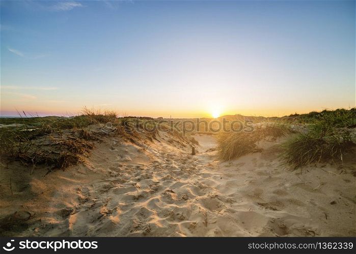 Evening sun over the dunes of Amrum with footprints in fine sand