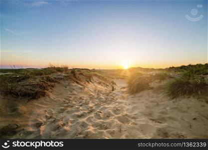 Evening sun over the dunes of Amrum with footprints in fine sand