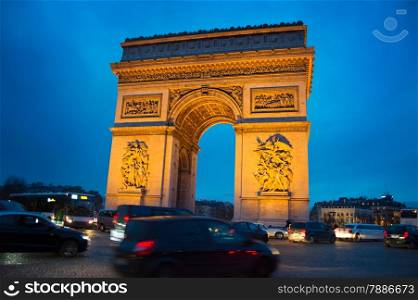 Evening traffic on Paris road near Triumph Arch. Paris