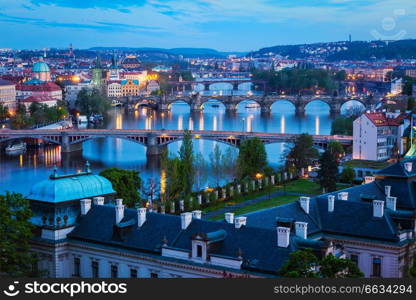 Evening view of bridges over Vltava river from Letni Park. Prague, Czech Republic. Evening view of Prague bridges over Vltava river