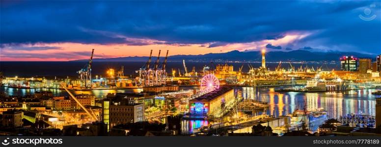 Evening view of Genoa (Genova) port, Italy with port cranes and industrial zone. Genoa, Italy. Evening view of Genoa port, Italy