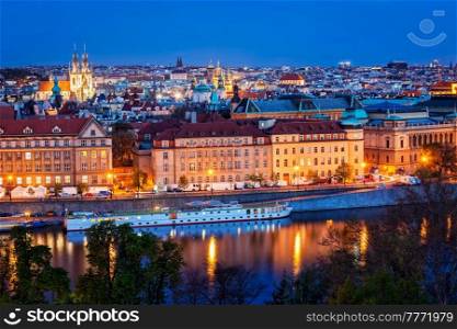 Evening view of Prague and Vltava river from Letna Park. Prague, Czech Republic. Evening view of Prague, Czech Republic