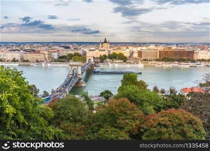Evening view of river danube and chain bridge, Budapest, Hungary, landscape, clouds in sky, wide angle
