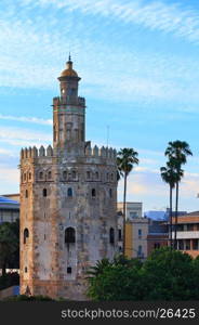 Evening view on Tower of Gold (Torre del Oro), Seville, Spain. Constructed in first third of 13th century.