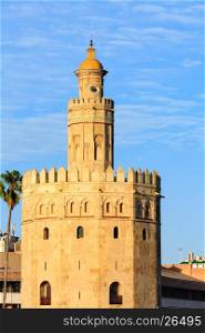 Evening view on Tower of Gold (Torre del Oro), Seville, Spain. Constructed in first third of 13th century.