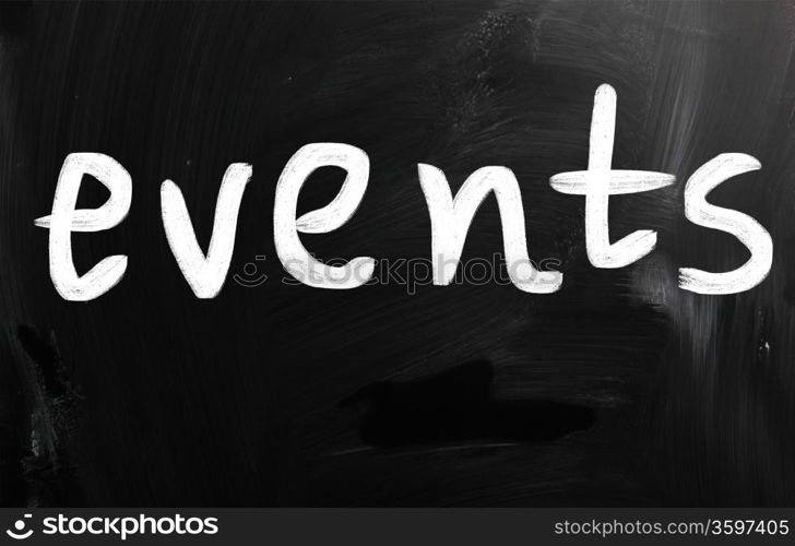 ""Events" handwritten with white chalk on a blackboard"
