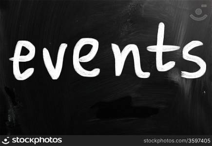""Events" handwritten with white chalk on a blackboard"
