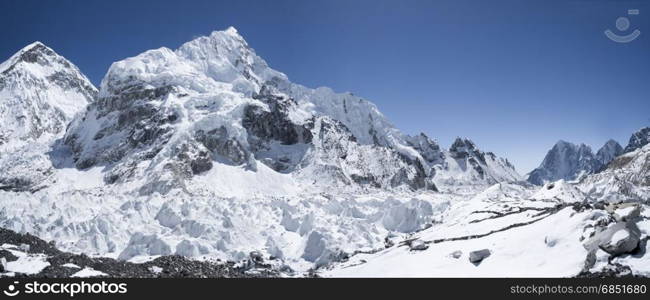 Everest base camp area and view on Nuptse and Khumbu