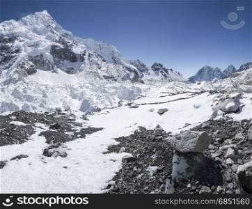 Everest base camp area with Nuptse summit and Khumbu icefall
