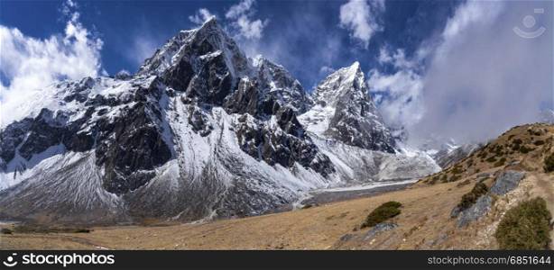Everest base camp trek Cholatse peak and Pheriche valley panorama. Himalayas. Travel to Nepal