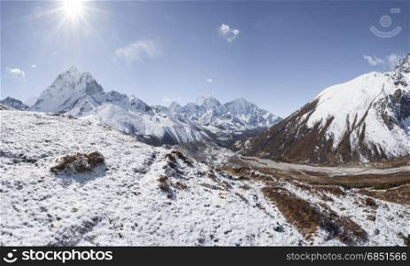 Everest base camp trek in Himalayas and Ama dablam peak. Trekking in Nepal