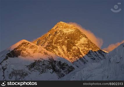 Everest summit or peak at sunset or sunrise. Everest base camp trek, tourism in Nepal