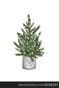 Evergreen pine tree in rustic pot with christmas lights,pine cone, firry. Watercolor illustration. Farmhouse Christmas tree isolated on the white background. Watercolor illustration.Christmas winter holiday tree isolated on the white background