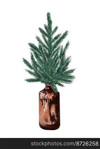 Evergreen pine tree in rustic pot with christmas lights,pine cone, firry. Watercolor illustration. Farmhouse Christmas tree isolated on the white background. Watercolor illustration.Christmas winter holiday tree isolated on the white background
