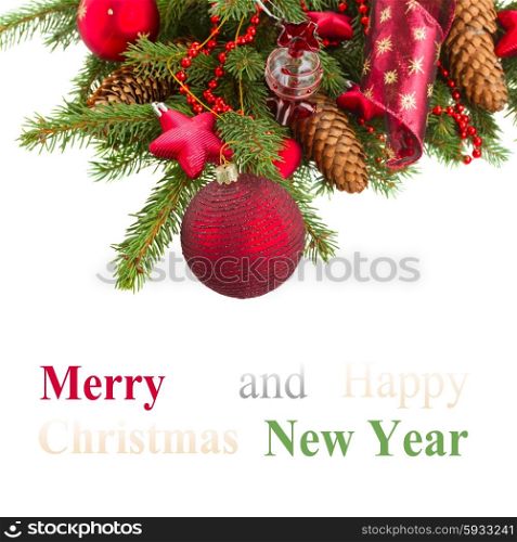evergreen tree and red christmas decorations with cones border on white background